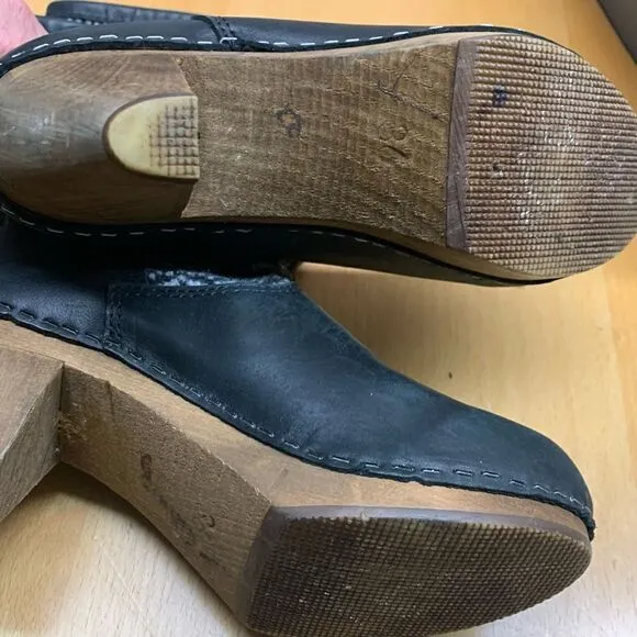 Sanita DANSKO black Leather &amp; knit Wooden BOHO Clog Platform Heels Boots