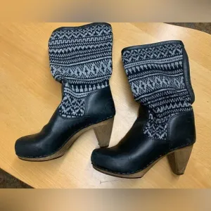 Sanita DANSKO black Leather &amp; knit Wooden BOHO Clog Platform Heels Boots