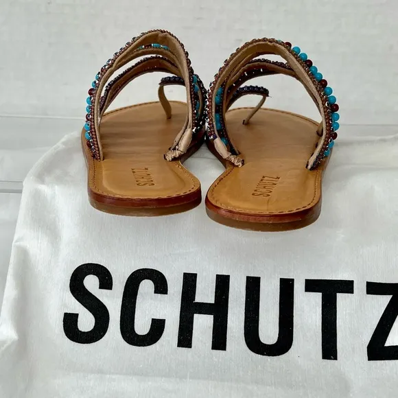Schutz Multi Blue Beaded Rhinestone Flat Sandals, Women’s 7, New in Box