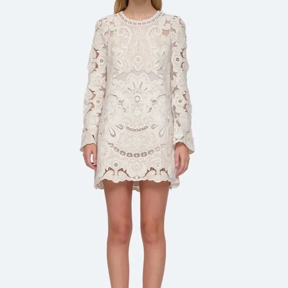 Sea New York - Lysa Dress Cream Lace Embroidered Mini Boho Resort Chic - Size 10