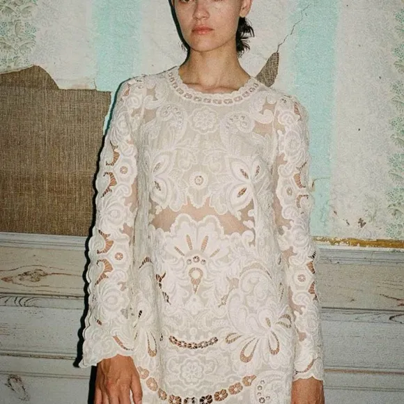 Sea New York - Lysa Dress Cream Lace Embroidered Mini Boho Resort Chic - Size 10