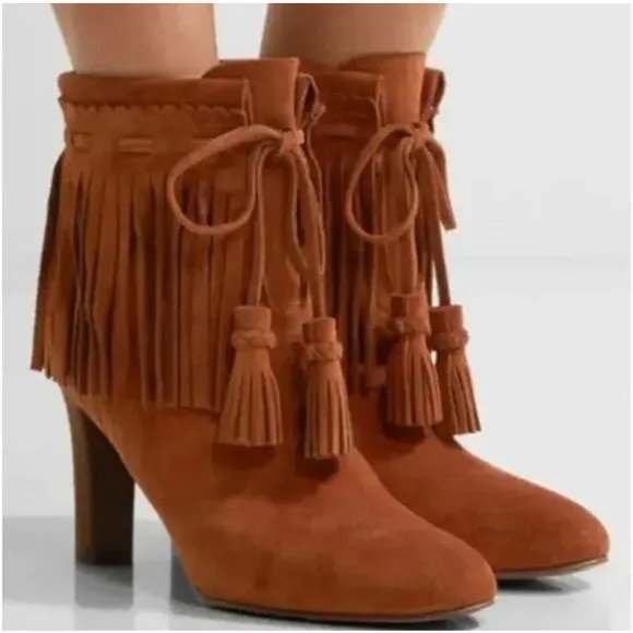 See by Chloe Irina Fringe Heeled Ankle Boots Suede Brown Leather Size 38 or 8