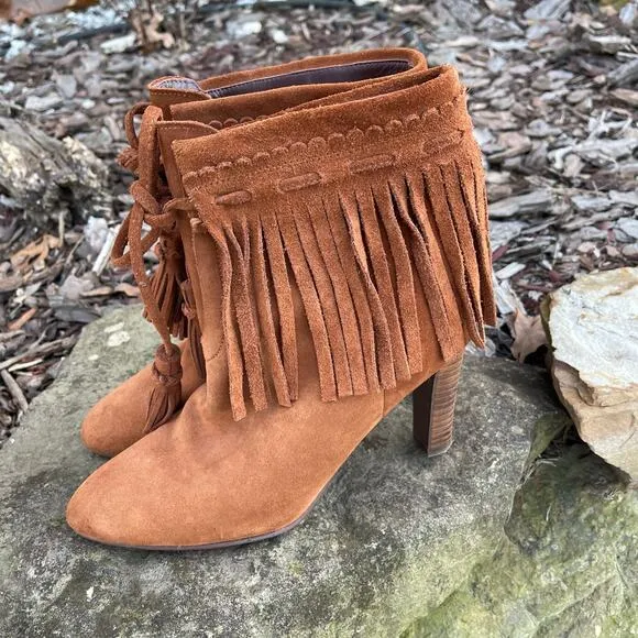 See by Chloe Irina Fringe Heeled Ankle Boots Suede Brown Leather Size 38 or 8