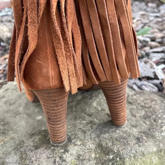 See by Chloe Irina Fringe Heeled Ankle Boots Suede Brown Leather Size 38 or 8