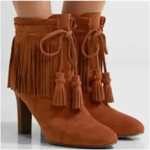 See by Chloe Irina Fringe Heeled Ankle Boots Suede Brown Leather Size 38 or 8
