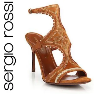 Sergio Rossi Maya Demi Suede Embroidered Sandals Heels Bohemian Shoes Italy 38 8