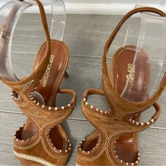 Sergio Rossi Maya Demi Suede Embroidered Sandals Heels Bohemian Shoes Italy 38 8