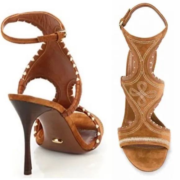 Sergio Rossi Maya Demi Suede Embroidered Sandals Heels Bohemian Shoes Italy 38 8