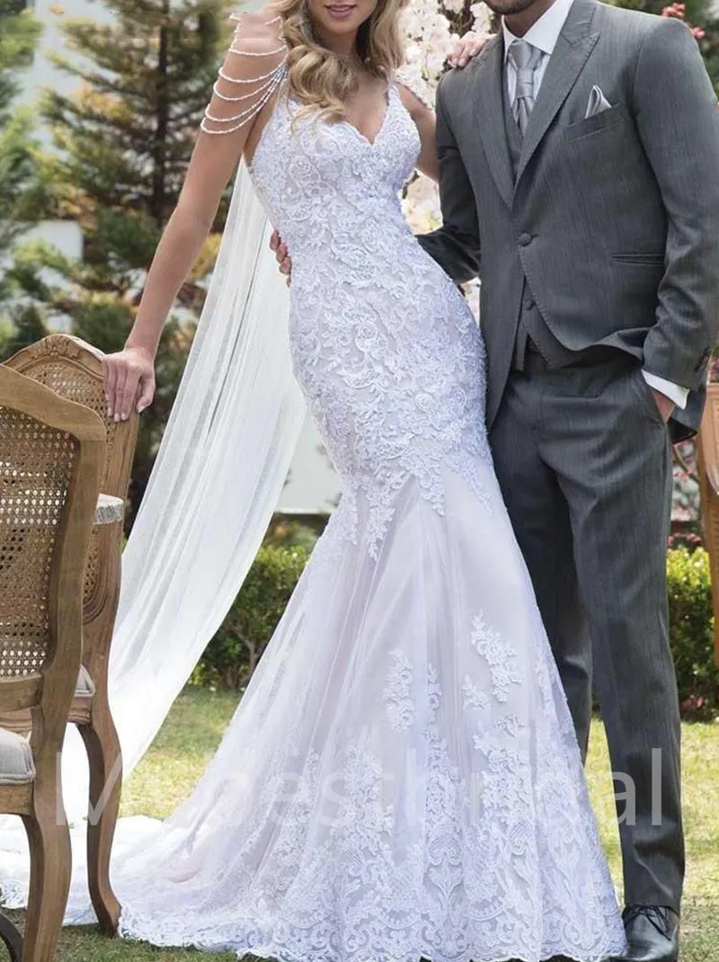Sexy Spaghetti strapsV-neck Mermaid Lace applique Wedding Dresses,WDY0327