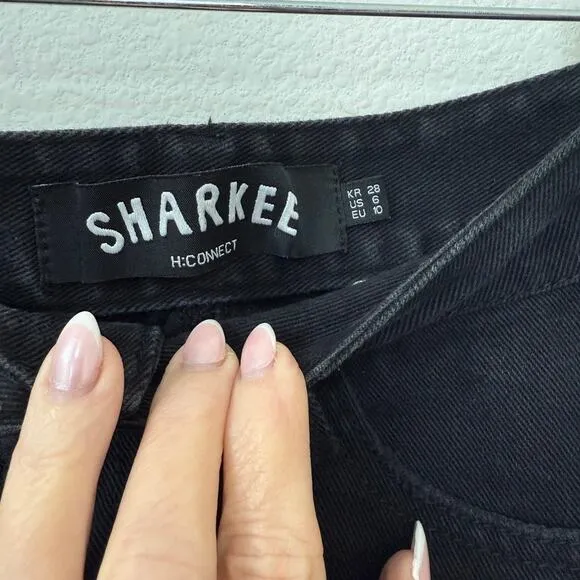 SHARKEE H: Connect Denim Mini Skirt Black Raw Hem K-Pop Emo Street Style 6