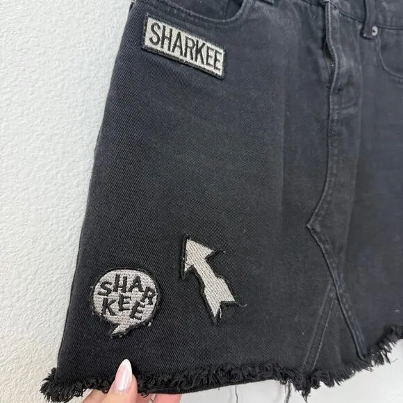 SHARKEE H: Connect Denim Mini Skirt Black Raw Hem K-Pop Emo Street Style 6