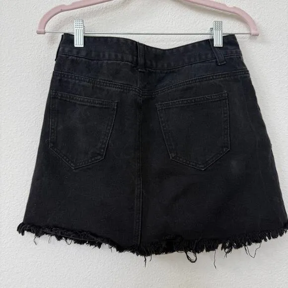 SHARKEE H: Connect Denim Mini Skirt Black Raw Hem K-Pop Emo Street Style 6