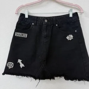 SHARKEE H: Connect Denim Mini Skirt Black Raw Hem K-Pop Emo Street Style 6
