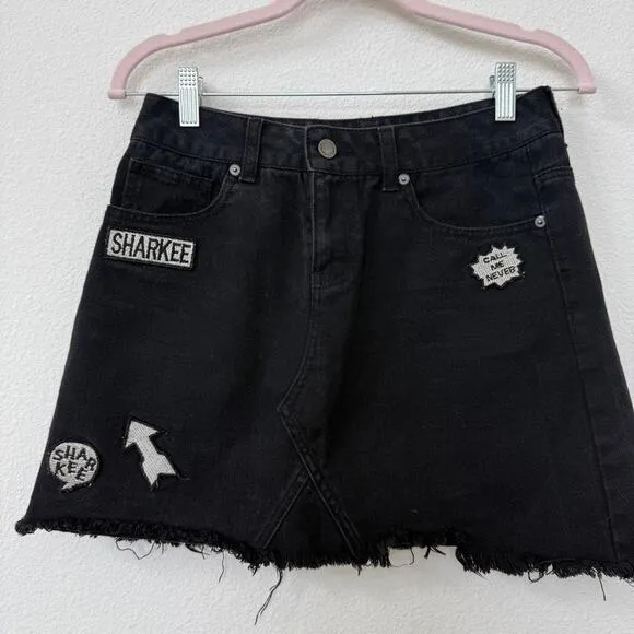 SHARKEE H: Connect Denim Mini Skirt Black Raw Hem K-Pop Emo Street Style 6