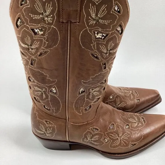 Shyanne Cassia Sugar Mate Glitter Inlay Western brown Boots Snip Toe Size 10