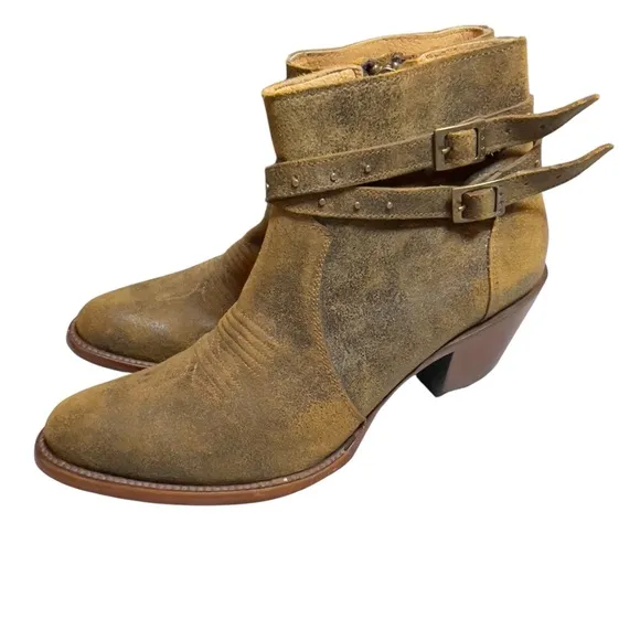 Shyanne Western Boho Leather Collins Strappy Studded Tan Ankle Booties