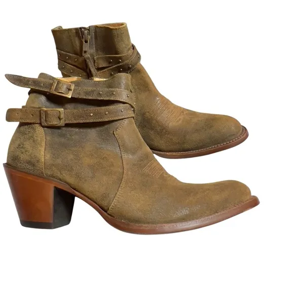 Shyanne Western Boho Leather Collins Strappy Studded Tan Ankle Booties