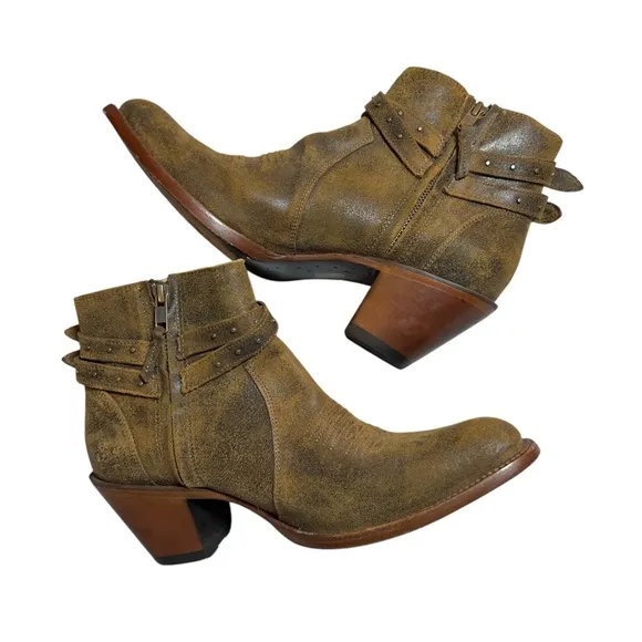 Shyanne Western Boho Leather Collins Strappy Studded Tan Ankle Booties