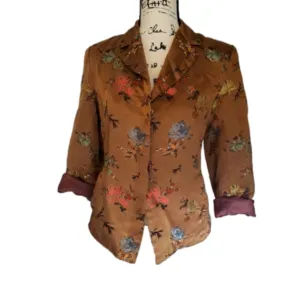 Silk Box | Camel Multicolor Floral Fully Lined Silk Cotton Vintage Blazer