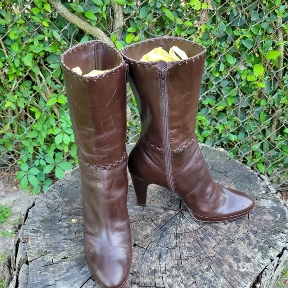 Size 8.5 Antonio Melani Brown Leather Mid-Calf Boots/Brazilin Made Platform Sole