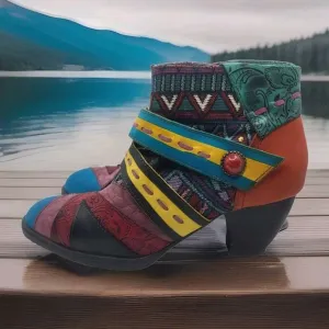 Socofy Boho Women Ankle Boots Patchwork Floral Colorful Size 7 Shoes EU38