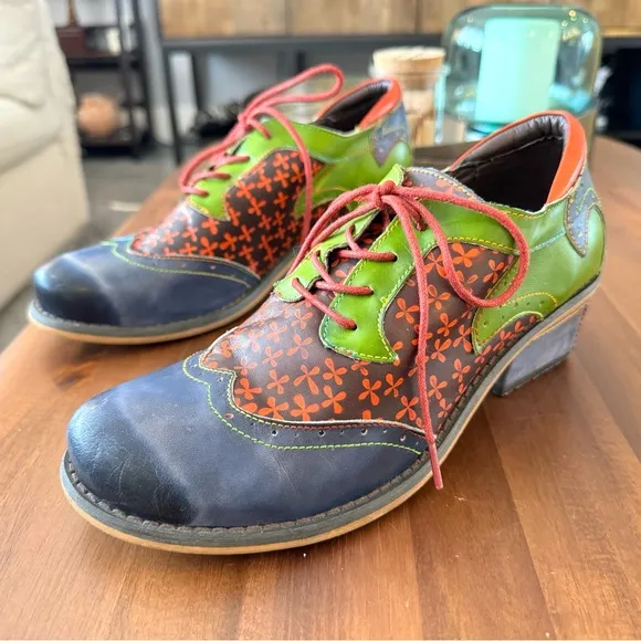 Socofy Leather Painted Heeled Oxford Shoes