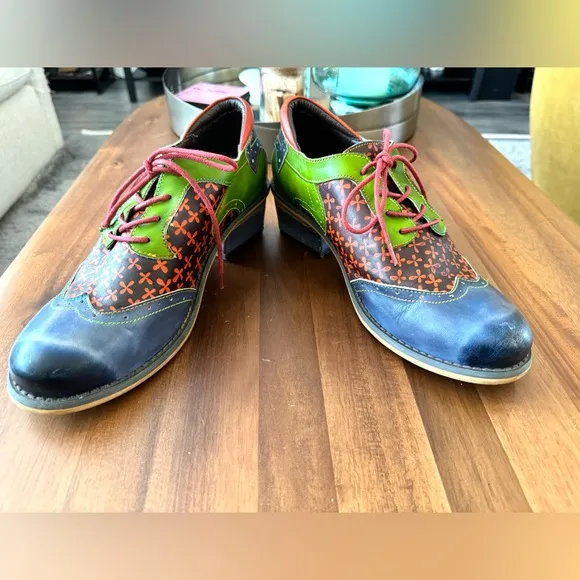 Socofy Leather Painted Heeled Oxford Shoes