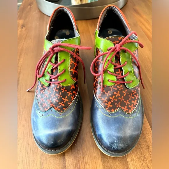 Socofy Leather Painted Heeled Oxford Shoes