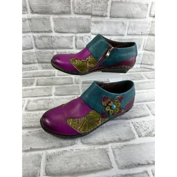 Socofy Women's Size 40/9-9.5 Leather Colorful Floral Clogs Side Zip Shoes Retro
