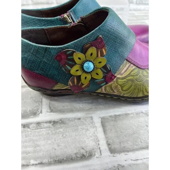 Socofy Women's Size 40/9-9.5 Leather Colorful Floral Clogs Side Zip Shoes Retro
