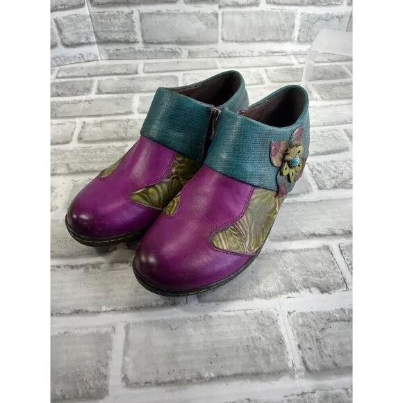 Socofy Women's Size 40/9-9.5 Leather Colorful Floral Clogs Side Zip Shoes Retro