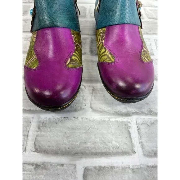 Socofy Women's Size 40/9-9.5 Leather Colorful Floral Clogs Side Zip Shoes Retro