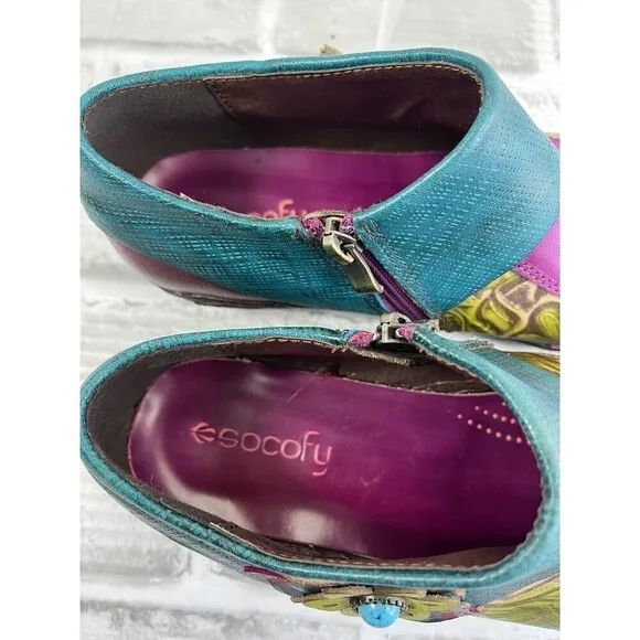 Socofy Women's Size 40/9-9.5 Leather Colorful Floral Clogs Side Zip Shoes Retro