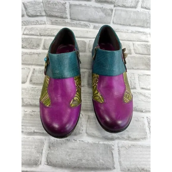 Socofy Women's Size 40/9-9.5 Leather Colorful Floral Clogs Side Zip Shoes Retro