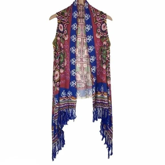 SOHO CHICK Knit Wrap Open Cardigan Fringe Floral Boho Southwestern Size Medium
