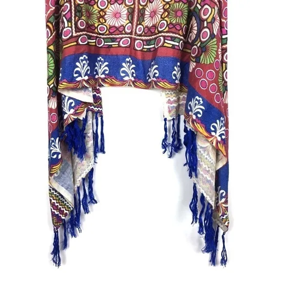 SOHO CHICK Knit Wrap Open Cardigan Fringe Floral Boho Southwestern Size Medium