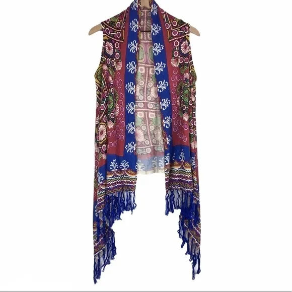SOHO CHICK Knit Wrap Open Cardigan Fringe Floral Boho Southwestern Size Medium