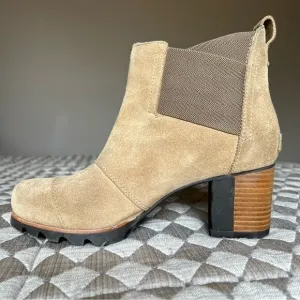 Sorel Addington Chelsea Tan Suede Pull On Boho Ankle Boot Stacked Heel Women 8.5