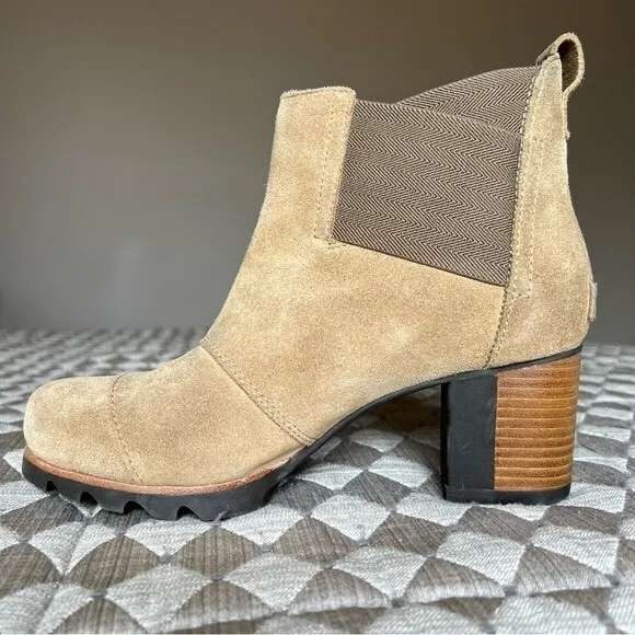 Sorel Addington Chelsea Tan Suede Pull On Boho Ankle Boot Stacked Heel Women 8.5