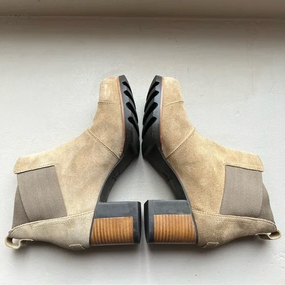 Sorel Addington Chelsea Tan Suede Pull On Boho Ankle Boot Stacked Heel Women 8.5