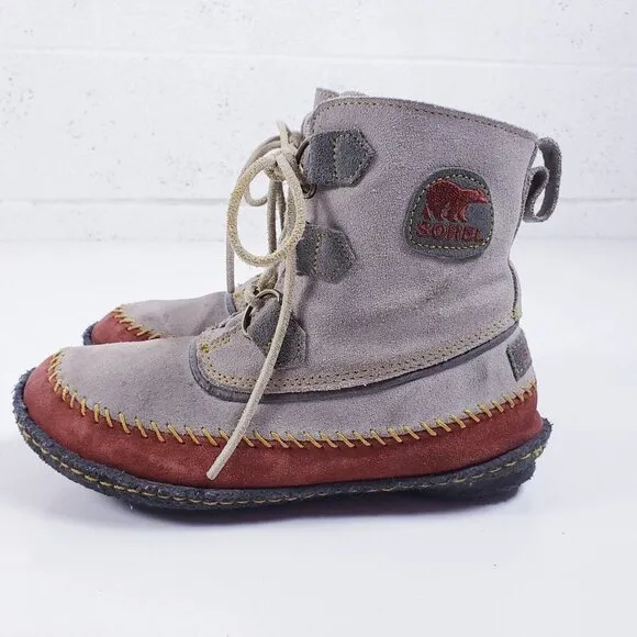 Sorel Joplin Suede Moccasin Ankle Boots Womens Size 6 Gray NL1940-103 Lace Up