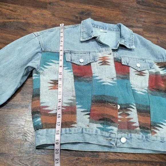 Southwestern Aztec Boho Festival Retro Cowgirl Denim Jacket Multi Womens Size M