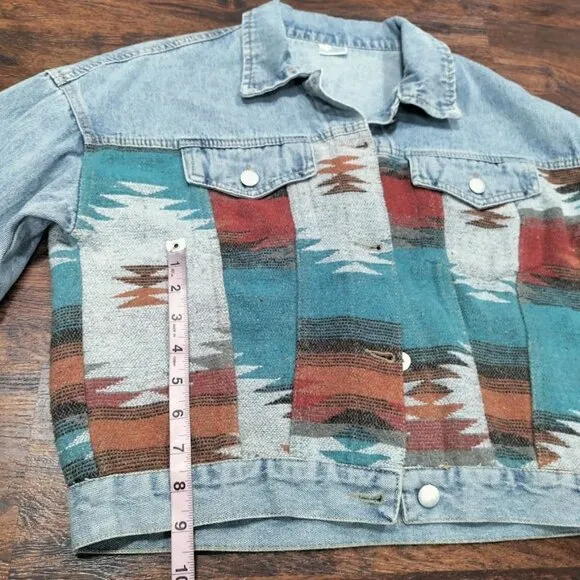 Southwestern Aztec Boho Festival Retro Cowgirl Denim Jacket Multi Womens Size M