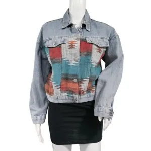 Southwestern Aztec Boho Festival Retro Cowgirl Denim Jacket Multi Womens Size M