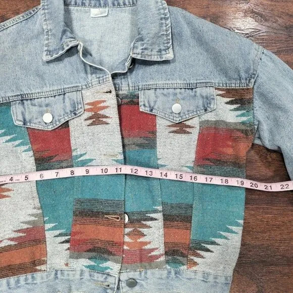 Southwestern Aztec Boho Festival Retro Cowgirl Denim Jacket Multi Womens Size M