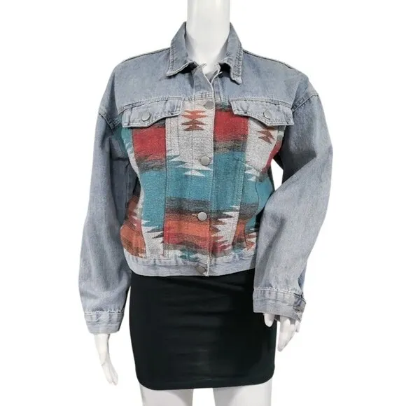 Southwestern Aztec Boho Festival Retro Cowgirl Denim Jacket Multi Womens Size M