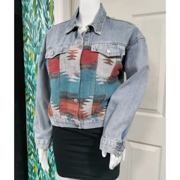 Southwestern Aztec Boho Festival Retro Cowgirl Denim Jacket Multi Womens Size M