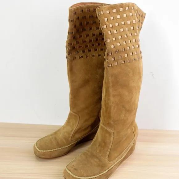 Southwestern Knee High Platform Boots Women 8.5 Camel Wedge Boho Tall CHOCOLAT