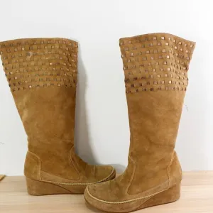 Southwestern Knee High Platform Boots Women 8.5 Camel Wedge Boho Tall CHOCOLAT