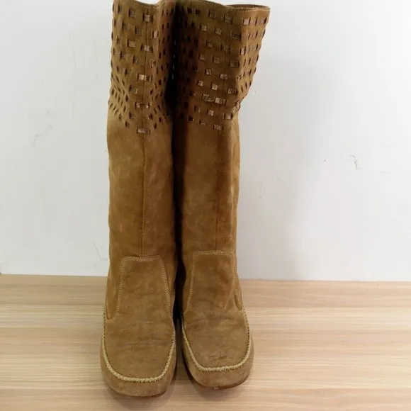 Southwestern Knee High Platform Boots Women 8.5 Camel Wedge Boho Tall CHOCOLAT